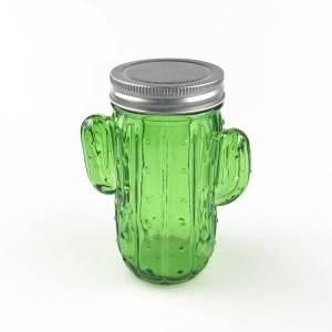 Cactus shaped color glass mason jar metal lid