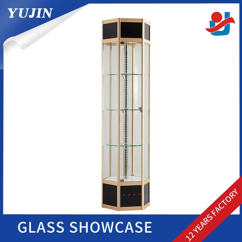 Drejelig LED belyst glas vitrineskab med 3 hylder af hærdet glas 